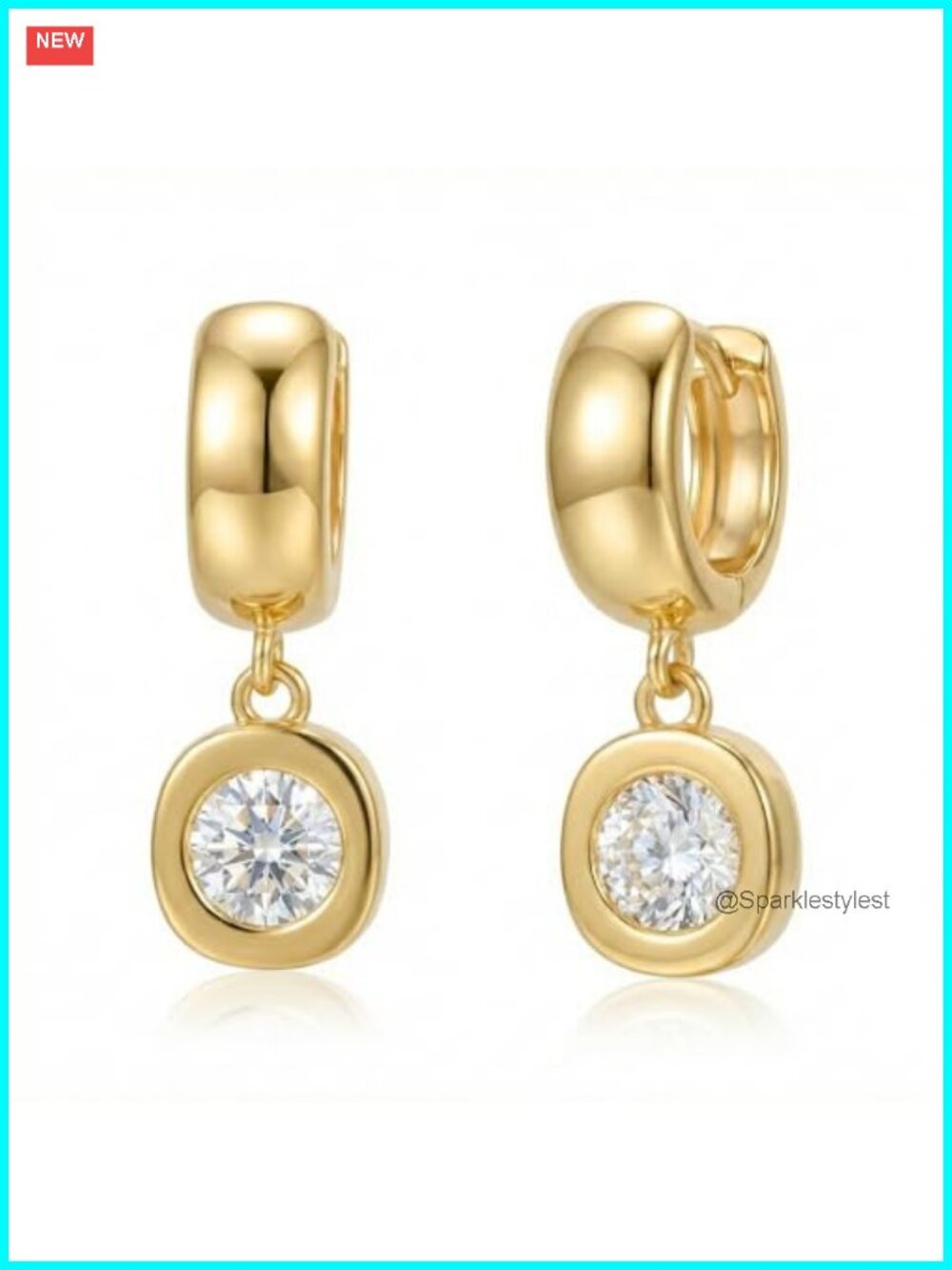 Chunky Gold Plated Hoop Earrings with CZ Bezel Charm Statement Dangle